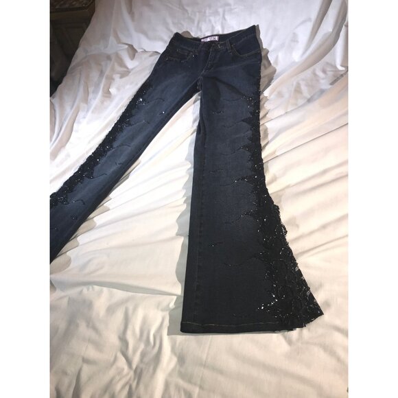 Sassy Thai Women's Vintage Blue & Black Beaded Flare Jeans - Picture 3 of 10